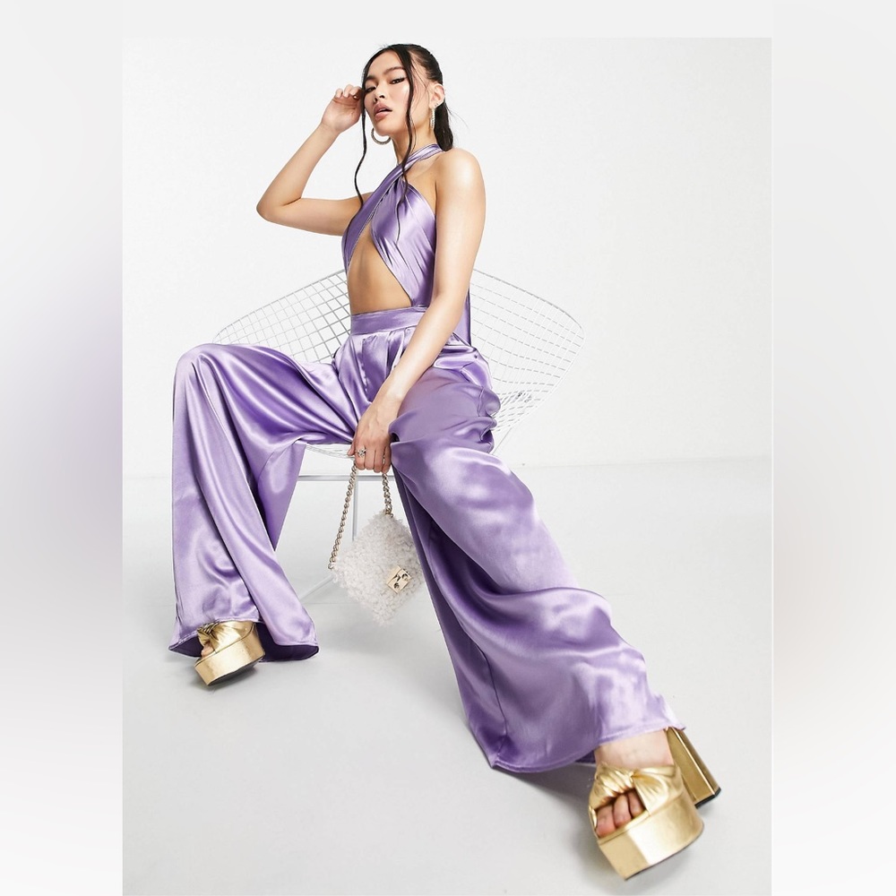 ASOS ASYOU cross front halter satin jumpsuit in Lilac